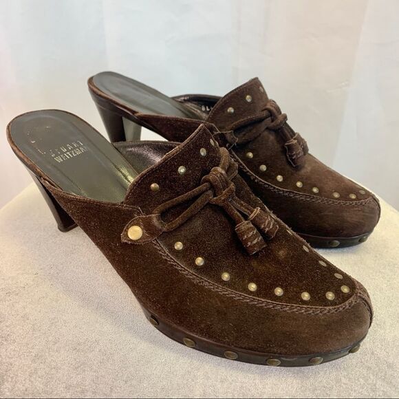Stuart Weitzman Chocolate Brown Studded Suede Mules clogs size 9.5 - Picture 2 of 11